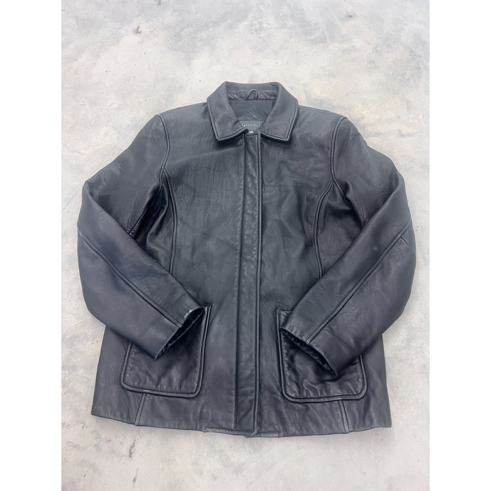 Vintage Relativity Jacket Womens Large Black Genuine Leather Full Zip Minimalist